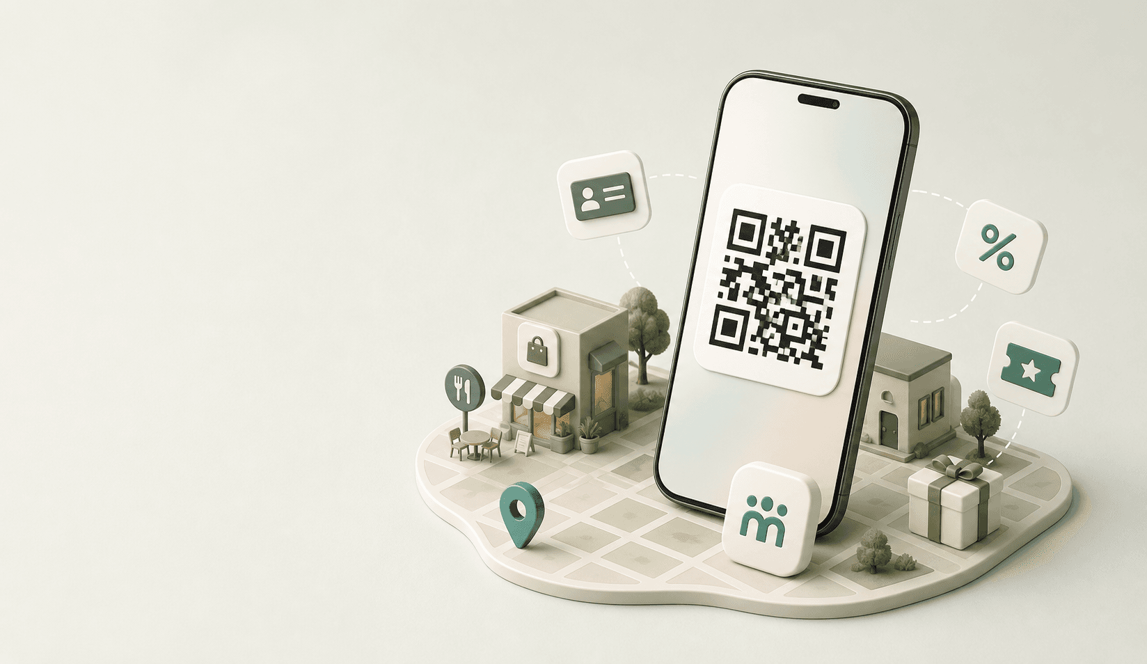 Telefon med QR-kod och lokala företag runt omkring